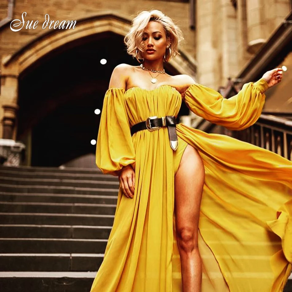 2018 новые женские желтый шифон бретелек платье с длинными рукавами женская летняя