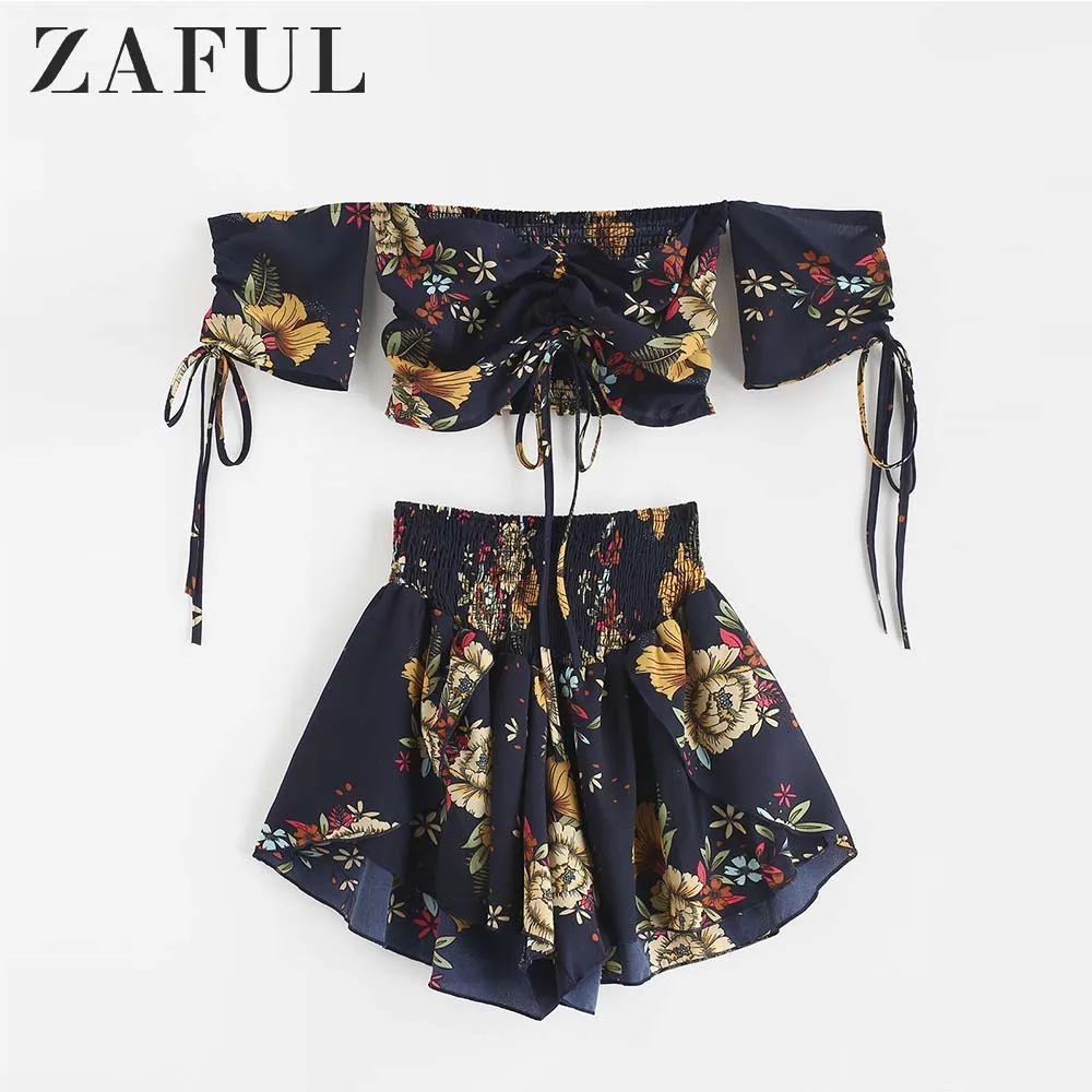 Женский короткий топ ZAFUL с открытыми плечами и цветочным принтом вырезом