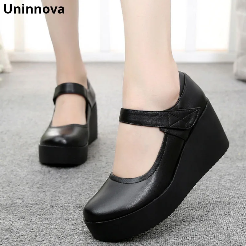 

Wedges Heels Durable Genuine Leather Women Mary Jane Platform Low Cut Upper Office Lady Casual Comfortable Shoes Uninnova WP050