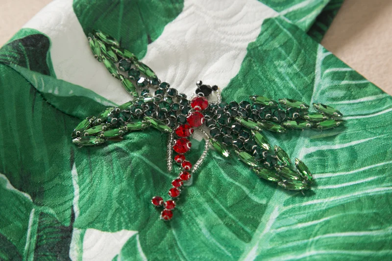 Блестками Широкие бретельки зеленые банановые листья принтом спагетти платье