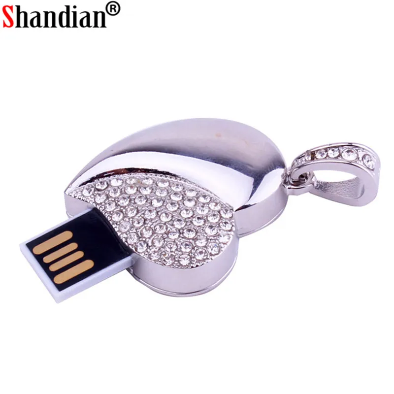 SHANDIAN металлическое Хрустальное сердечко Любовь USB флэш-накопитель драгоценный камень ручка диск специальный подарок флешка 4 Гб 16 Гб 64 Гб диаманта памяти