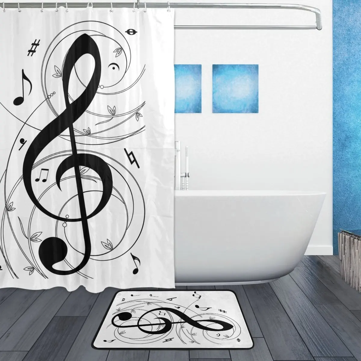 Музыкальная занавеска для душа и набор ковриков музыкальные нотки