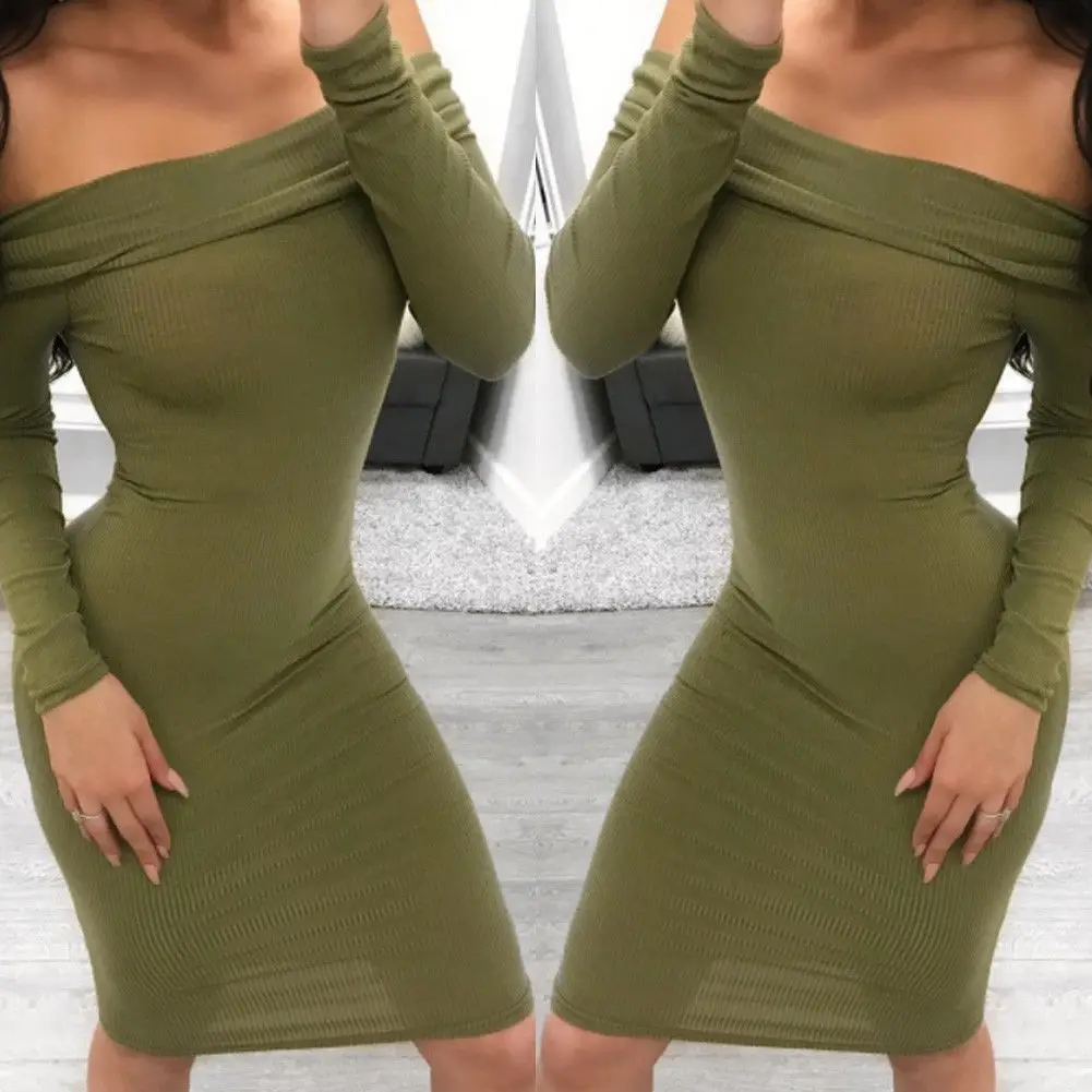 Облегающее мини платье с вырезом лодочкой и длинным рукавом 2018|Женские платья| |