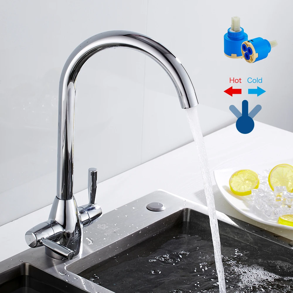 Contemporary Kitchen Faucet Cold and Hot Water Chrome Kitchen Tap 360 Degree RotateTwo Handles Swivel Spout Sink Mixer Tap