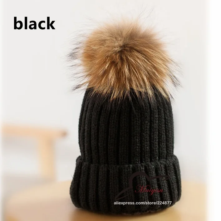 Мягкая детская трикотажная шапка с помпонами из норки енота помпон натурального