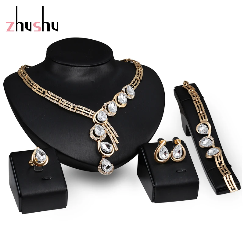 Water Drop Jewelry Set Accessories Gold Color Nigerian Wedding African Beads Necklace&earring&bracelet&ring | Украшения и