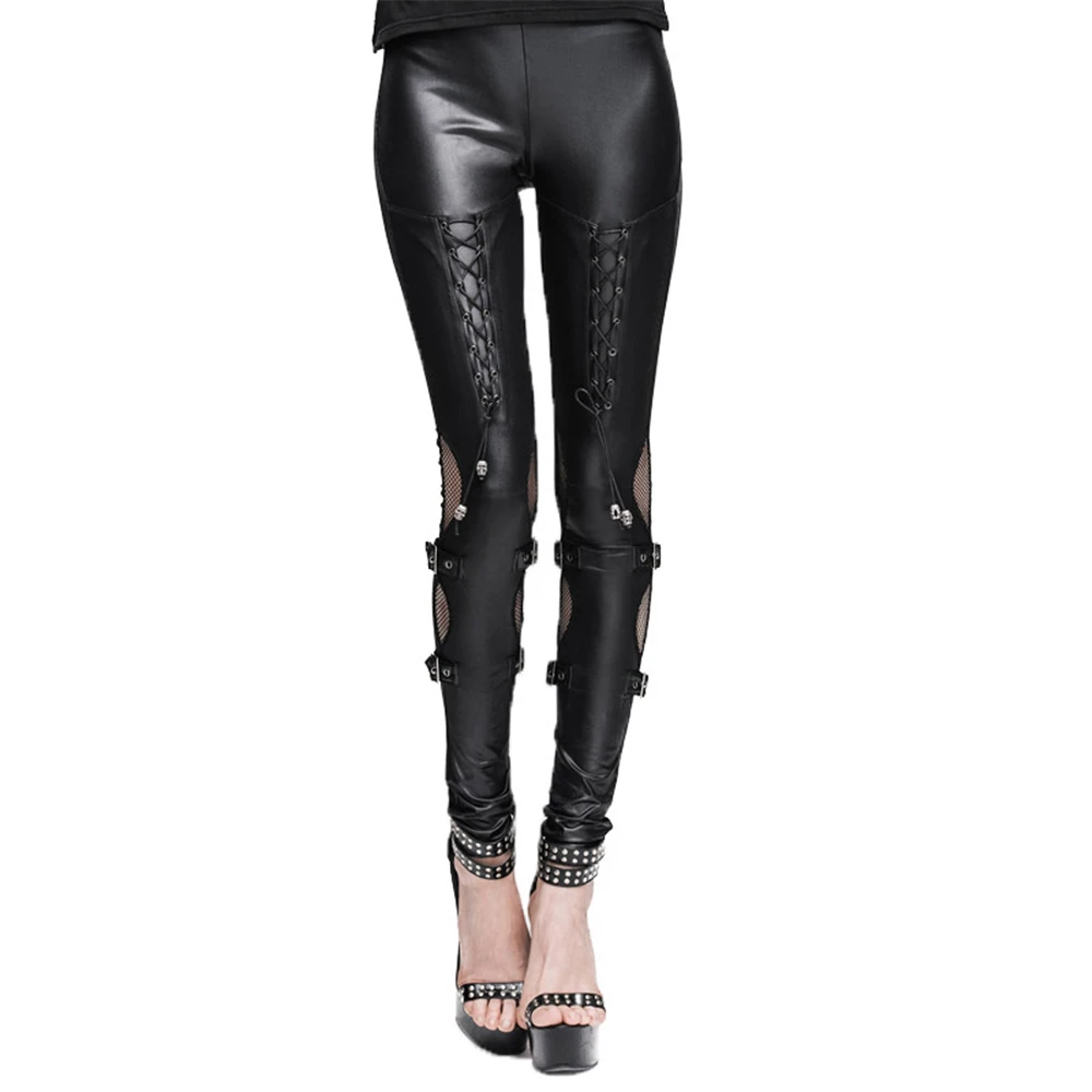 Steampunk Leather Women Pants Gothic Black Sexy Hollow Out Fitness Slim Spliced High Waist Pencil Pants