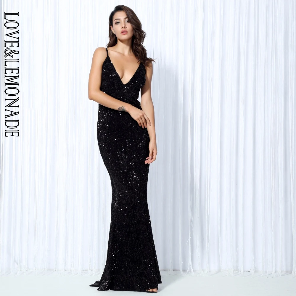 Женское платье с блестками LOVE & LEMONADE длинное черное эластичное V образным вырезом