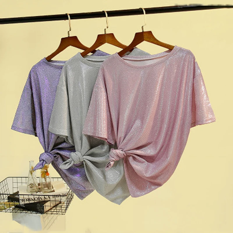 Женская Блестящая футболка с коротким рукавом однотонная свободная яркая