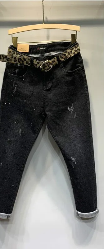 black 3 belt Распродажа, джинсы с высокой талией, джинсы с высокой талией, джинсы для женщин, полная длина, хлопок, свободные штаны-шаровары, светильник, молния, летающие пояса, вымытые, зимние - Цвет: black 3 belt