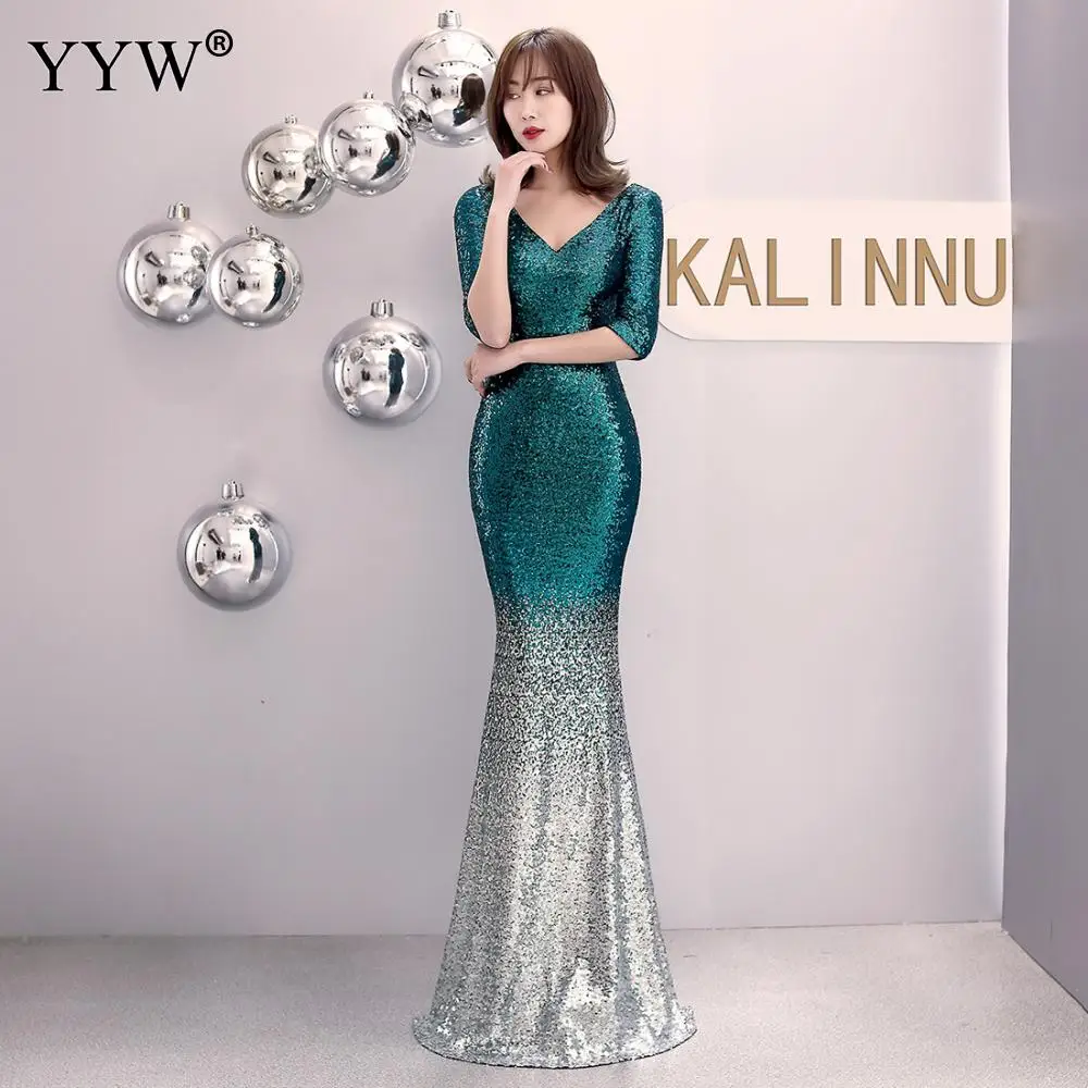Fashion Long Evening Dresses Vintage Sequin Gradient Mermaid Dresses Women V Neck Half Sleeve Elegant Formal Club Party Vestidos