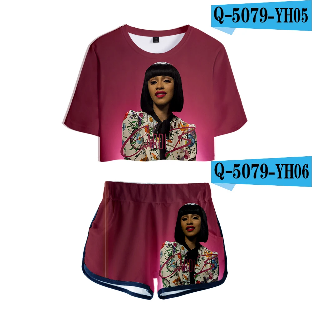 Q5079 Женская одежда, 2 предмета, женский розовый костюм Cardi B, футболка с 3D принтом, женский костюм, шорты, летний укороченный топ из 2 предметов, ансамбль женский - Цвет: Q5079