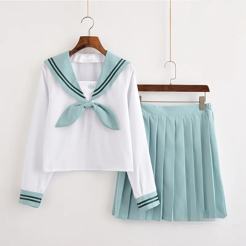 Japanese School Uniform For Girls Sailor Tops+bow tie+Skirt Navy Style Students Clothes For Girl Lala Cheerleader clothing 8pcs lot cherry blossoms bow tie pure color sakula beautiful tie for japanese school uniform sailor dress bow tie