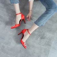 wedding shoes female water drill button red silk satin high heeled shoes slim heeled point bride shoes single shoes