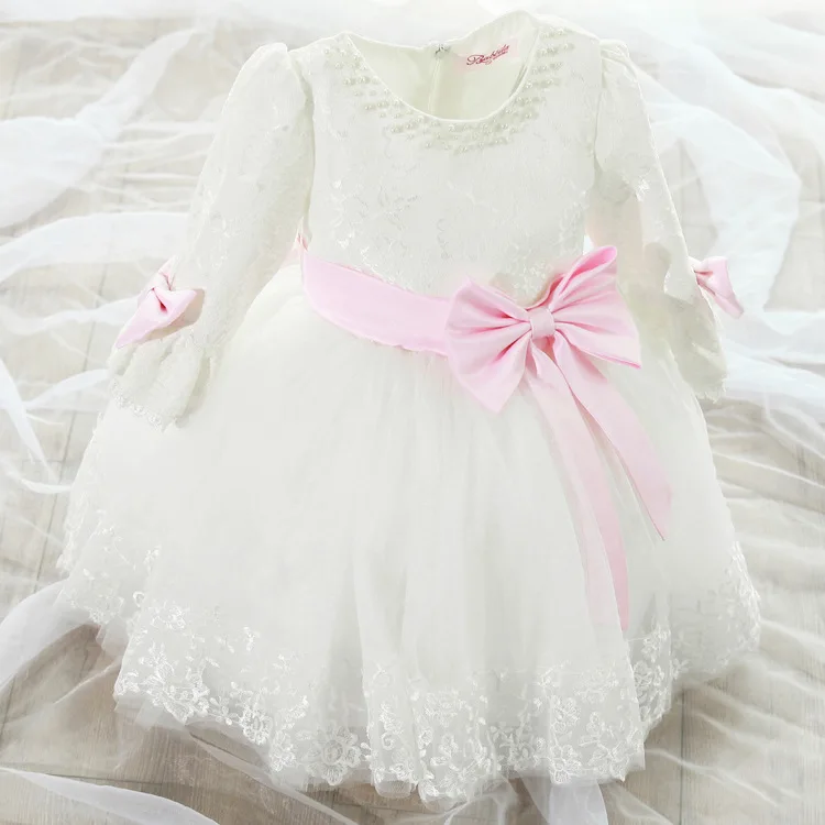 

Autumn Long Sleeves Bowknot Fancy Girls Princess Party Dress Kids Baby White Beading Communion Dress Children New Year Clothing