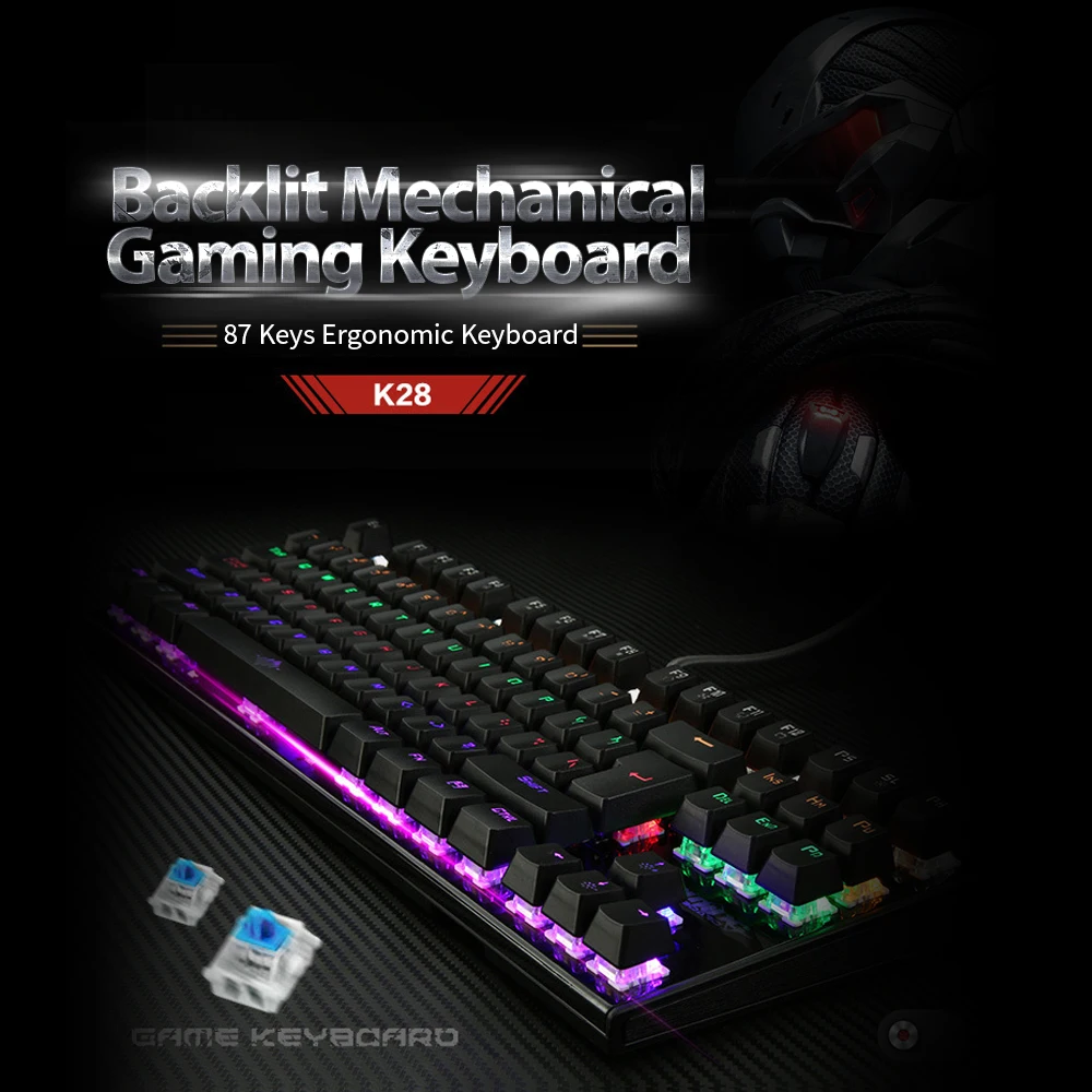 Backlit Mechanical Keyboard Gaming Keyboard Blue Switch 87 Keys Ergonomic Keyboard Suspended Keys with Hand Wrist