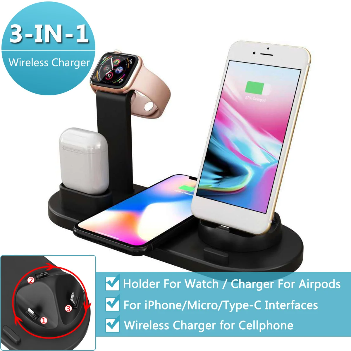 Беспроводная зарядная подставка 3 в 1 Qi для iPhone X XS Max XR Airpod Apple Watch док-станция 4 |