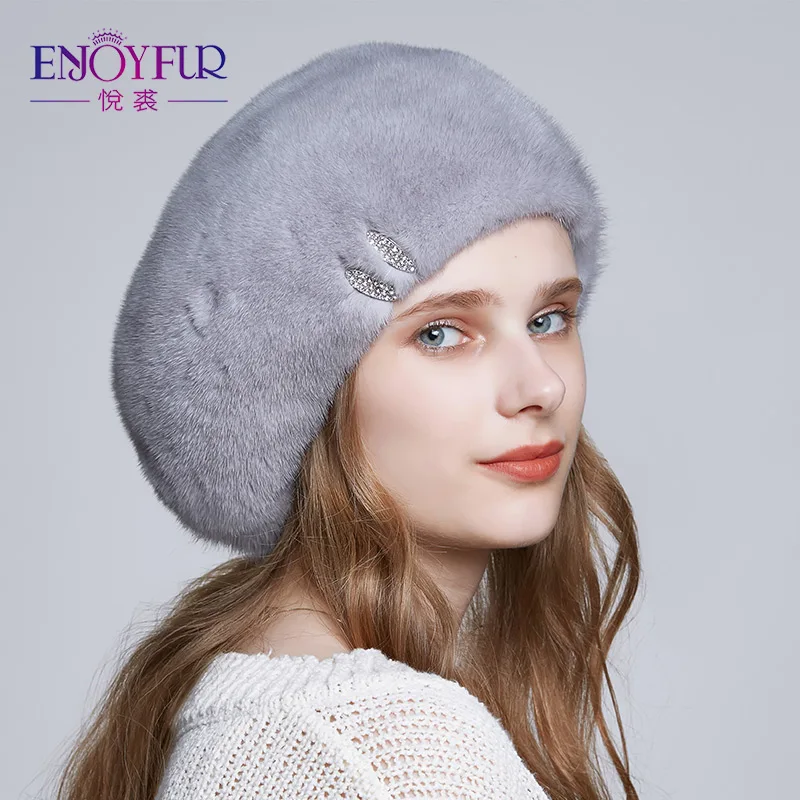 ENJOYFUR настоящие норковые меховые шапки для женщин вязаные На зимнем меху с стразы