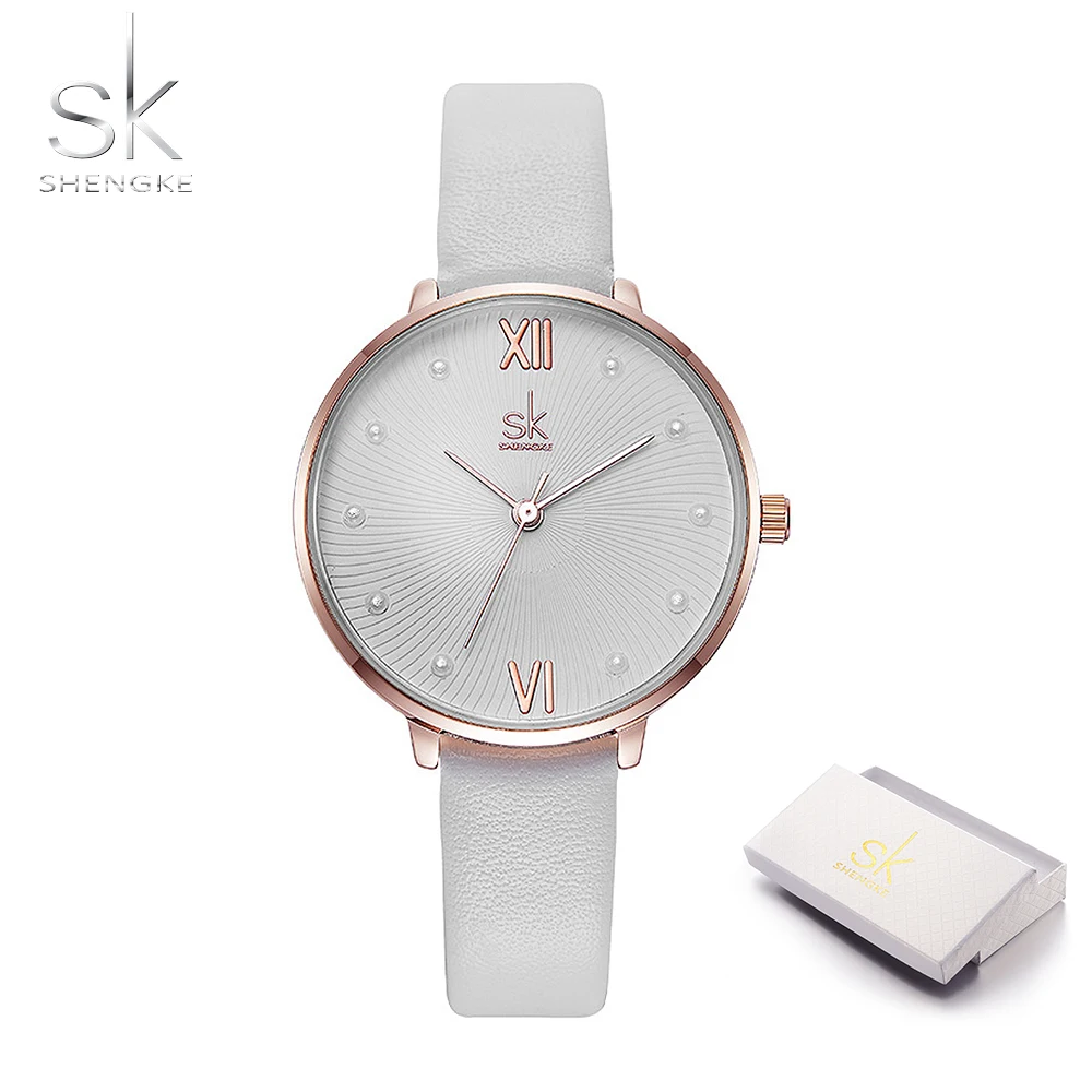 white with box Shengke SK женские кварцевые часы с жемчужным циферблатом женские часы с белым кожаным ремешком Reloj Mujer женские часы в подарок на день Zegarek Damski SK1 - Цвет: white with box