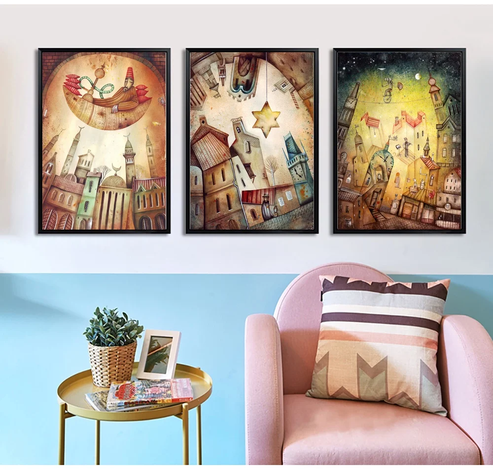 

Vintage Retro Fantasy City Dream Boat Star A4 Poster Print Abstract Fairy Wall Art Pictures Home Decor Canvas Paintings No Frame