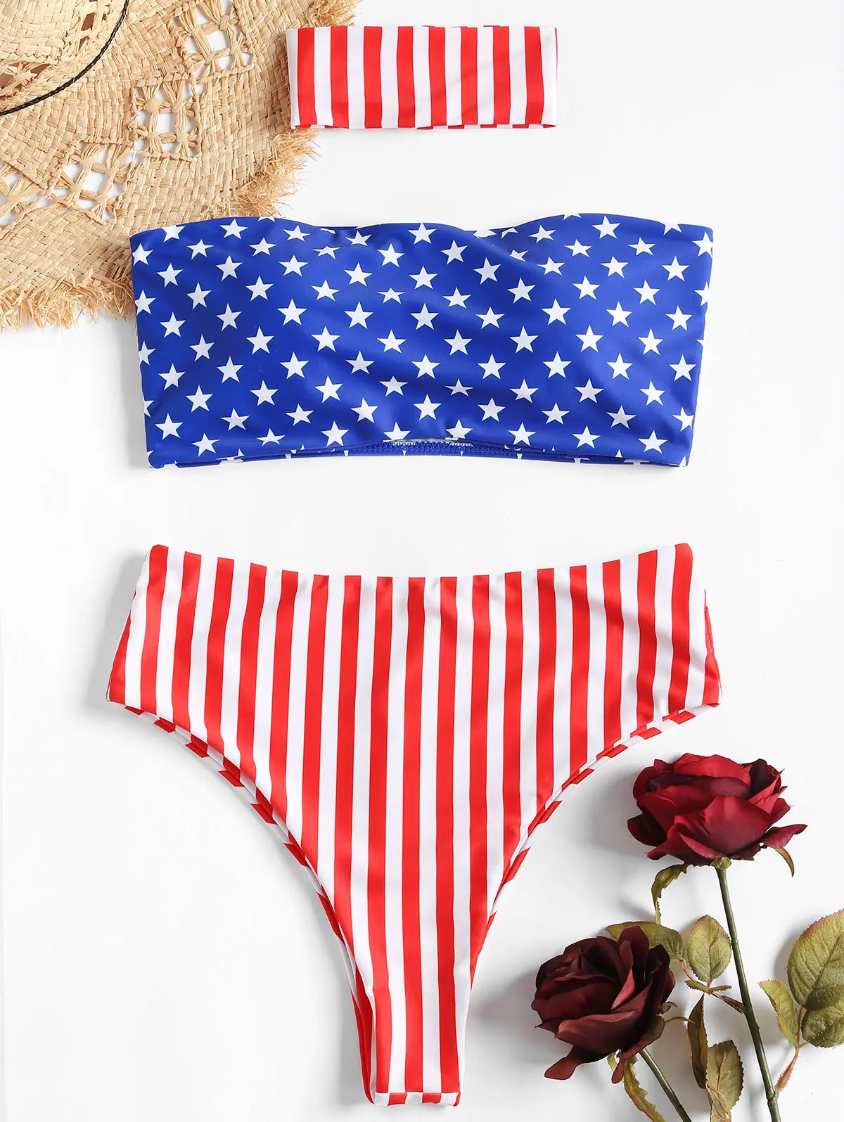 ZAFUL Женские Купальники Sexy American Flag Пляжная Одежда Высокая Талия Колье Bandeau Бикини