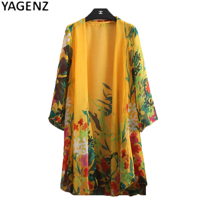 

Sun Shirt Women Clothes 2021 Summer Sun Print Chiffon Shirt Three Quarter Sleeves Loose Large Size Long Paragraph Cardigan
