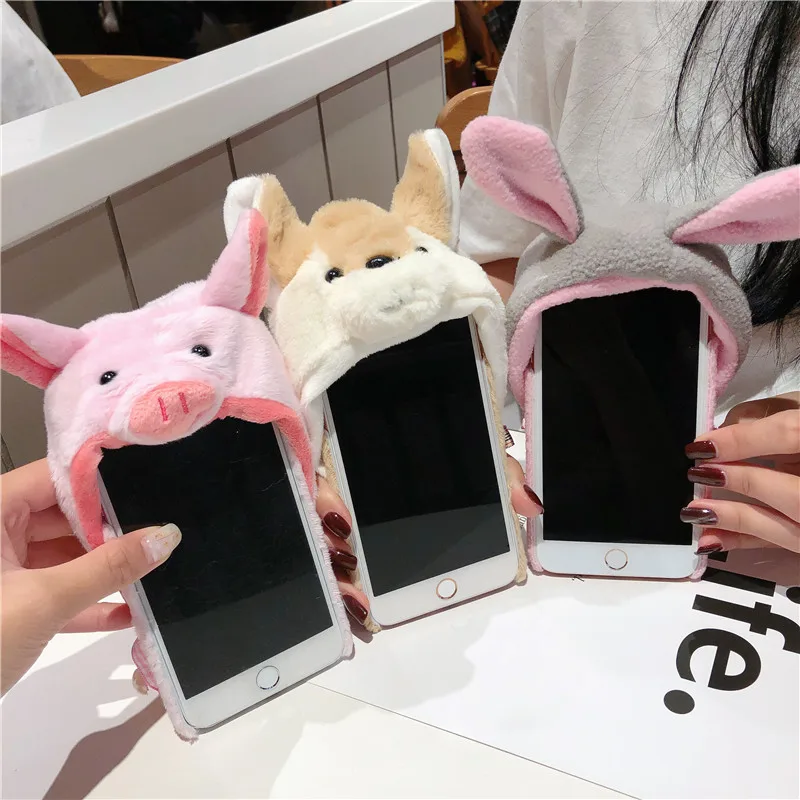 Applex mobile phone shell Plush piggy hat female iPhone7p cartoon dog rabbit hard case 8 6S couple 8plus new idea 6 cute XS max |