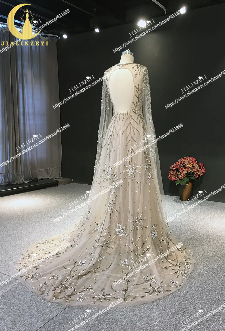 

JIALINZEYI Real Sample Luxurious Beads Brown Long Sleeves A-line Fromal Party Dresses Evening Dresses
