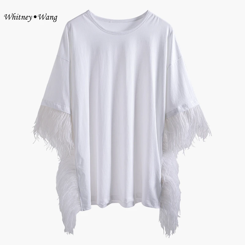 WHITNEY WANG 2019 летняя модная уличная Лоскутная футболка с перьями женские футболки