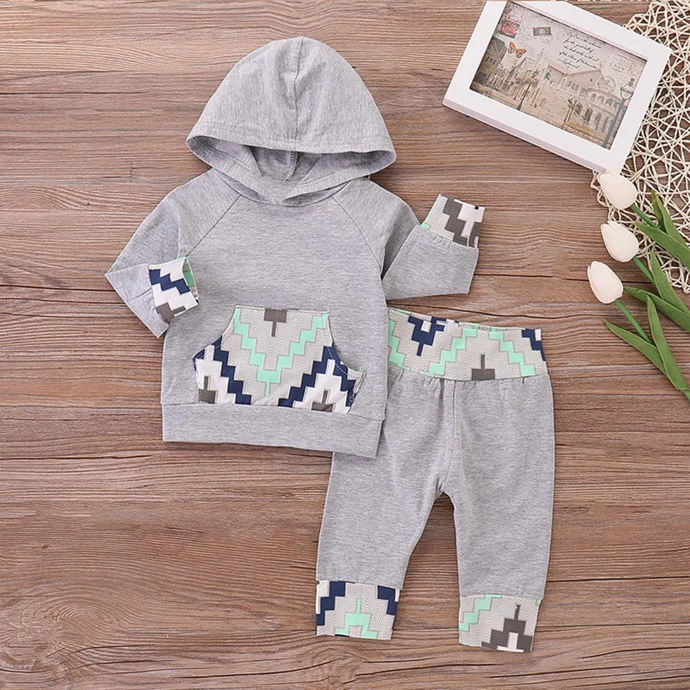 Cotton boy summer suit 2PCs Toddler Baby Boy Clothes Geometric Print Hoodie Tops+Long Pants Set Outfits boys clothes hot #06 |