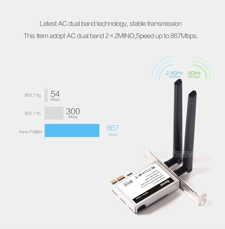 Fenvi беспроводной-AC 8265 867 Мбит/с 802,11 AC двухдиапазонный Настольный PCI-E WiFi адаптер PCI Express карта для Intel 8265AC+ Bluetooth 4,2