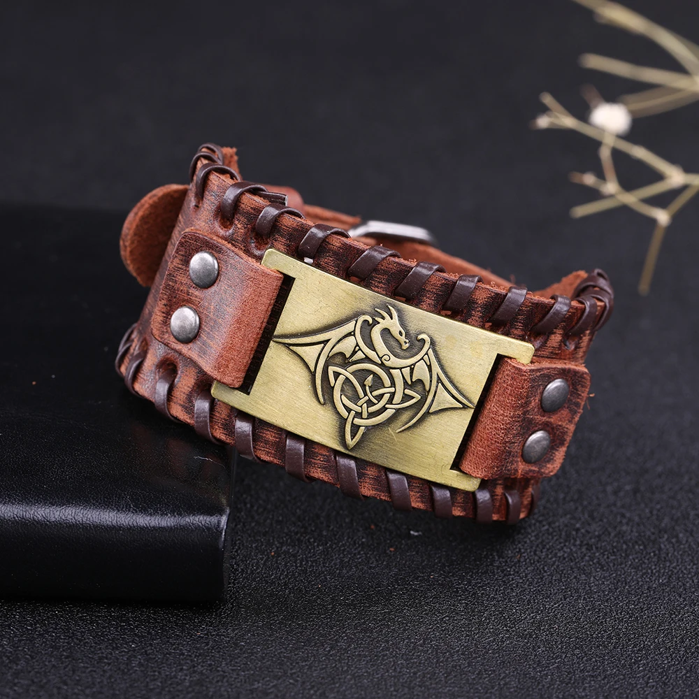 LIKGREAT винтажные браслеты Wicca Symbol Triqueta Pterosauria Dragon Charm для Мужчин Черная коричневая