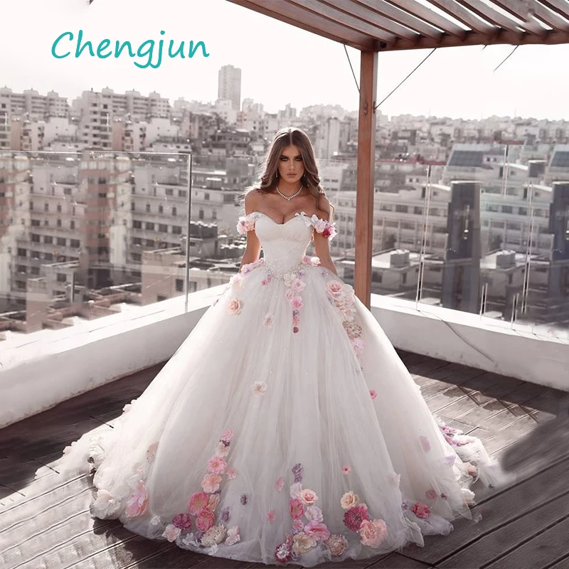 

Chengjun Sweetheart Off Shoulder Tulle Flowers Ball Gown Ivory Wedding Dress