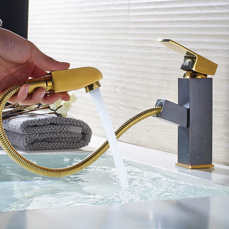 

Shengweisi Bathroom Basin Faucets Pull Out Black Gold Bath Sink Crane Copper Sink Mixer Taps Hot and Cold Deck Mounted Faucet