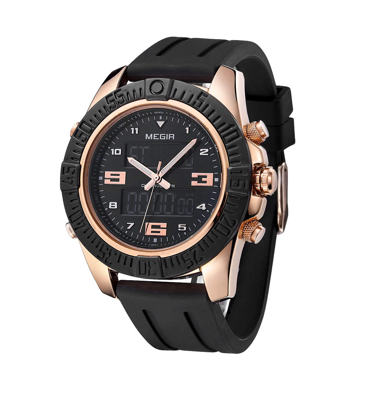 Мужские кварцевые часы Megir спортивные армейские с черным силиконовым ремешком и