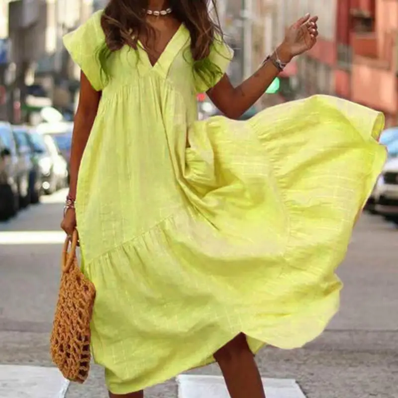 Женское пляжное повседневное однотонное длинное платье с V-образным вырезом