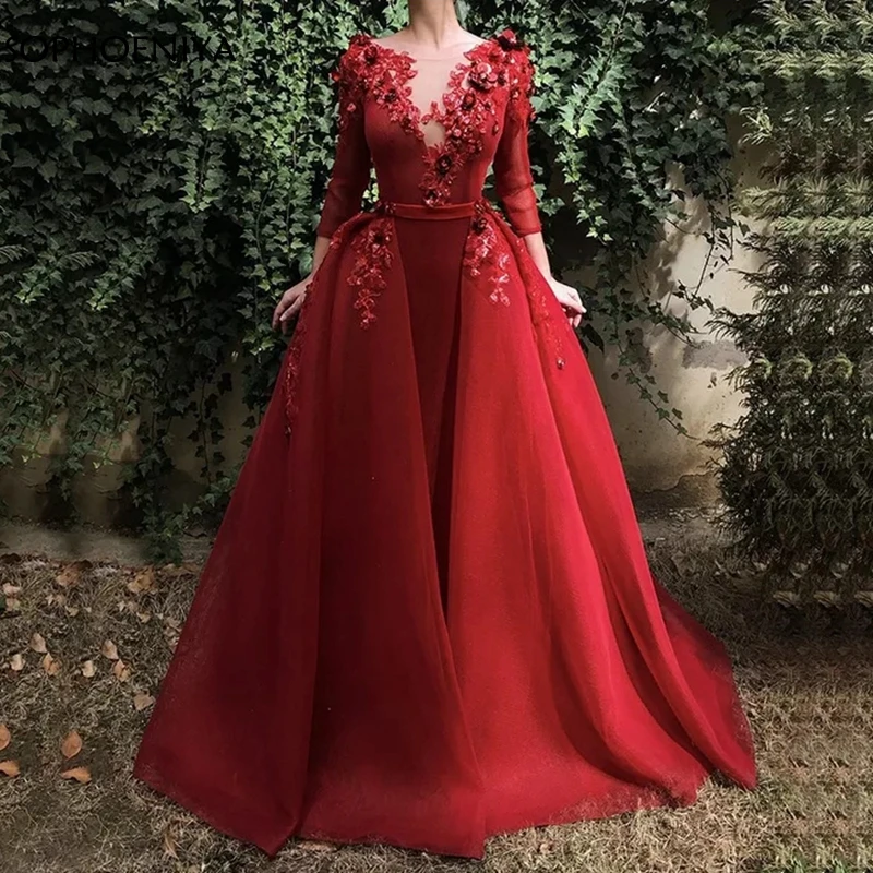 

Elegant O Neck Red muslim evening dress Party gown Sequine Lace Appliques Formal dress Long sleeve Arabic evening dresses