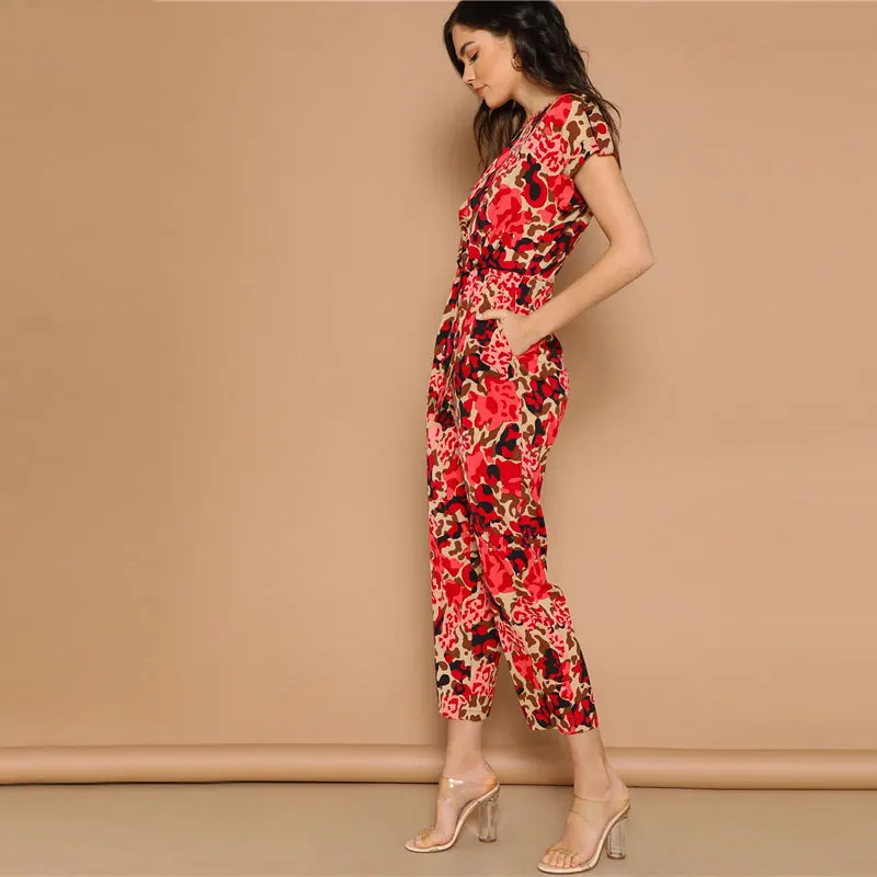 SHEIN Lady Highstreet комбинезон с закатанным рукавом и узлом спереди с леопардовым принтом женский летний повседневный комбинезон с высокой талией