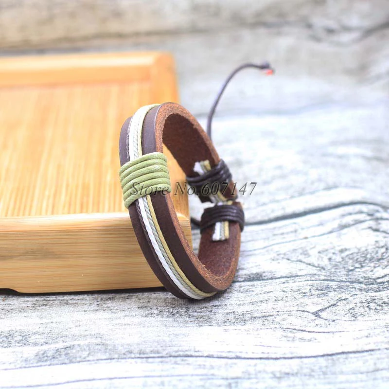 6pcs/lot Twist Handmade Bangle pulseira masculina Wrap Brown Retro Genuine Leather Bracelet Men with Braided Rope PT12 | Украшения и