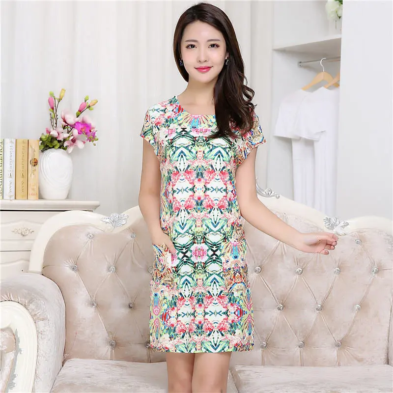 2017 Лето Dress Женщины О Шея С Коротким Рукавом Печати Платья Эластичный Пояс Колен
