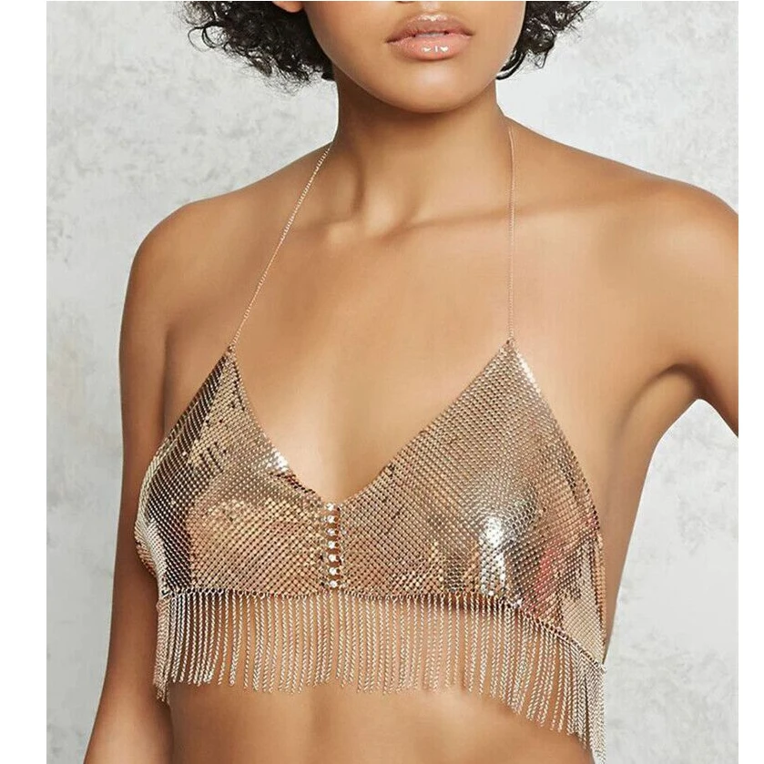 Punk Luxury Metal Halter Sling Bra Smock Adjustable Handmade Tassel Fashion Camis Summer Beach Tops For Woman Gift Hot | Женская одежда