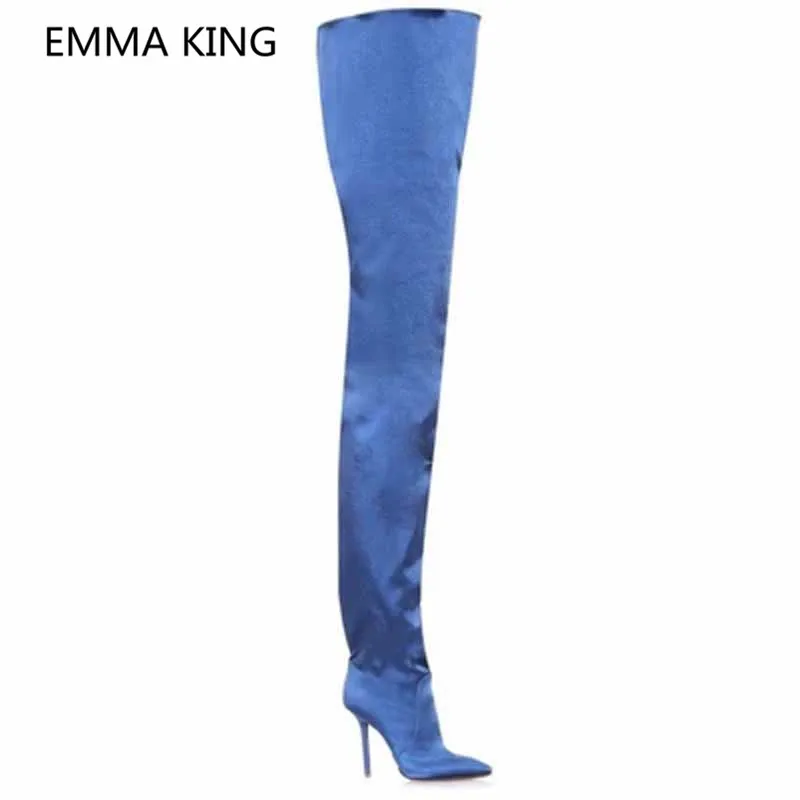 Luxury Silk Satin Women Over The Knee Crotch Boots Pointed Toe Sexy 12cm Stiletto High Heels Ladies Winter Shoes Cowboy Boots