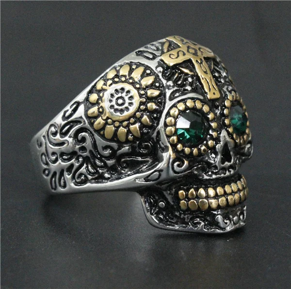 Drop Ship Size 7-14 Cool Fashion Gold Cross Jesus Skull Ring With Green Eyes 316L Stainless Steel Motorcycles Biker | Украшения и