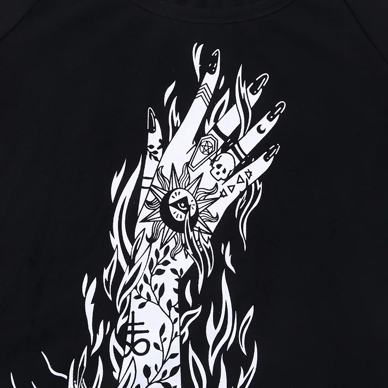 Gothic Witch Black Loose T-shirts Summer Fingers Printe Off Shoulder Punk Streetwear T-shirt Short Sleeve Harajuku Long T-shirt