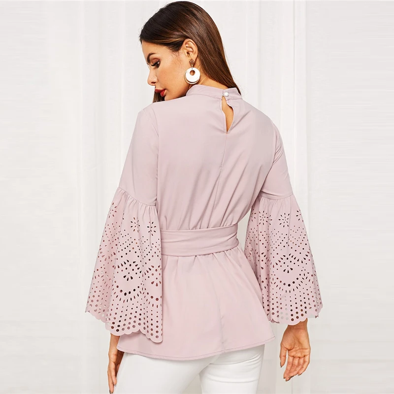 SHEIN Однотонная Блуза С Оригинальным Рукавом Женская Розовая Весенняя Элегантная Блузка С Поясом И Длинными Рукавами
