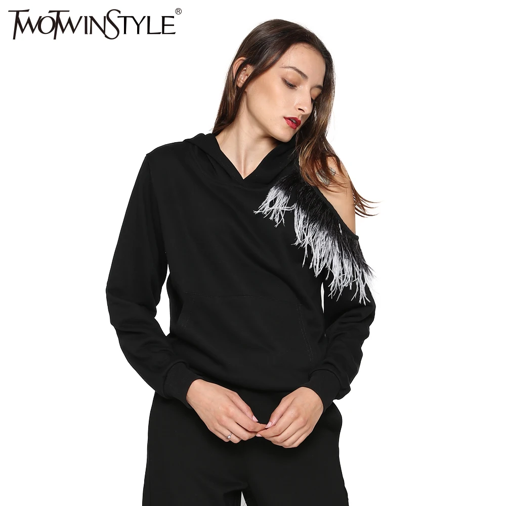 Толстовка TWOTWINSTYLE с капюшоном длинным рукавом и пером 2020|Женские толстовки