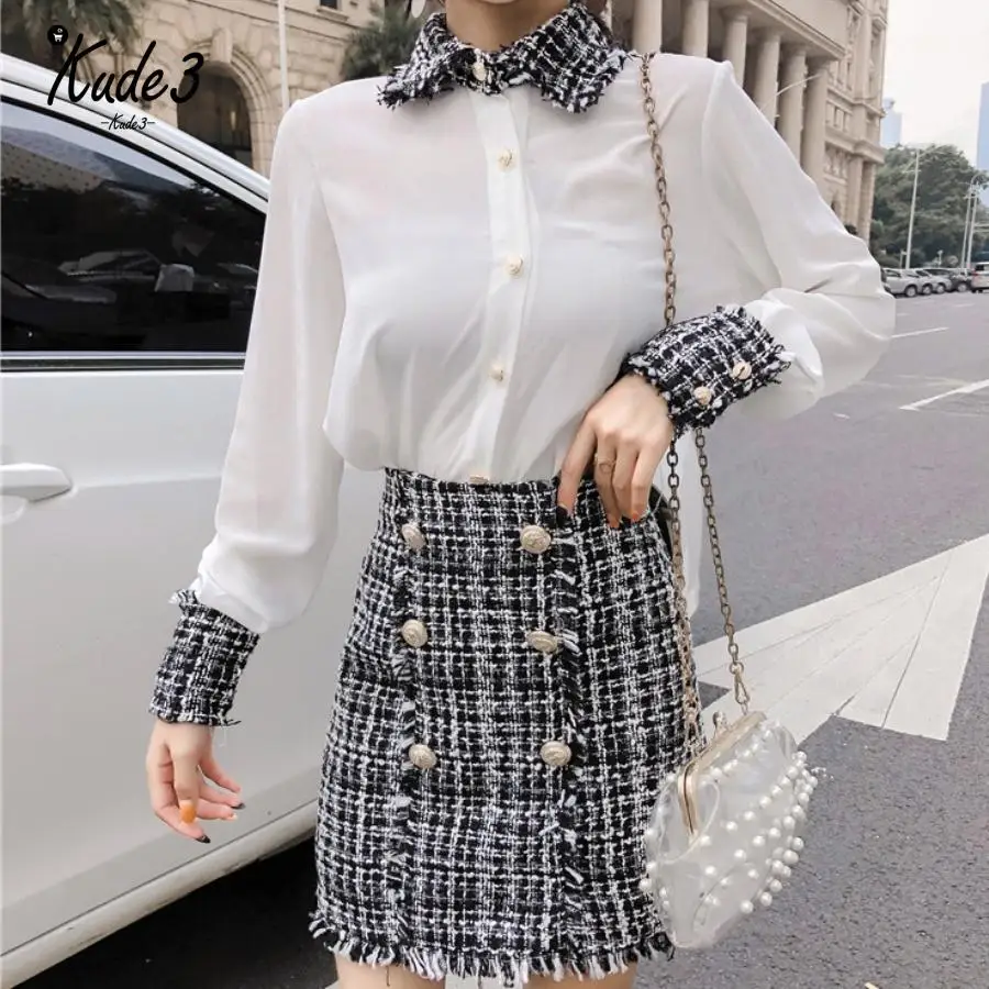 Зимняя элегантная женская женский комплект 2 шт. твидовая кисточка шифоновая