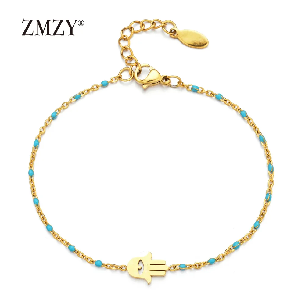light-blue ZMZY тонкая цепочка браслет из нержавеющей стали женский золотой цвет Злой Глаз Хамса ручной турецкий ювелирный браслет Бохо свадебный браслет - Окраска металла: light-blue