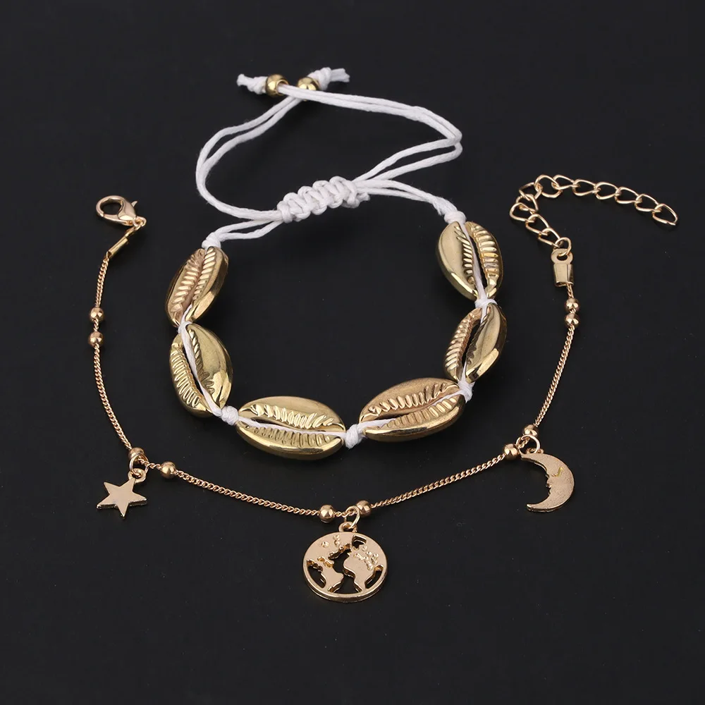 2 шт./компл. Женская мода Звезды Луна карта мира оболочки Кожаный Плетеный ножной