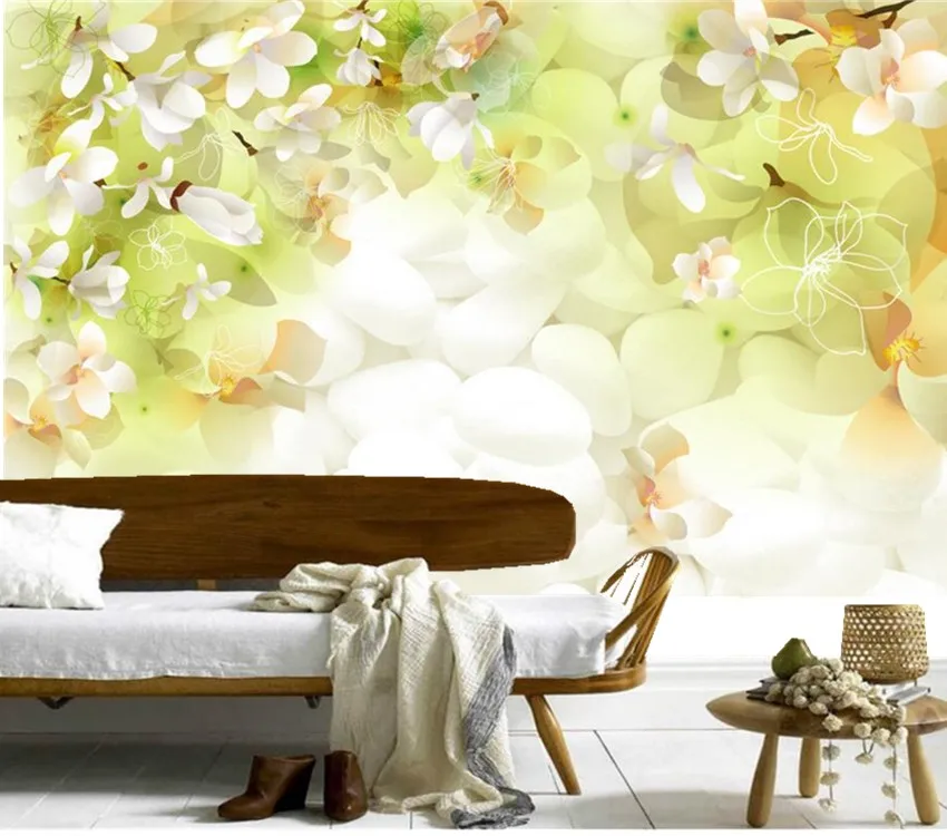 

Custom 3d murals,Fresh green flowers and pebbles papel de parede,hotel restaurant living room sofa TV wall bedroom wallpaper